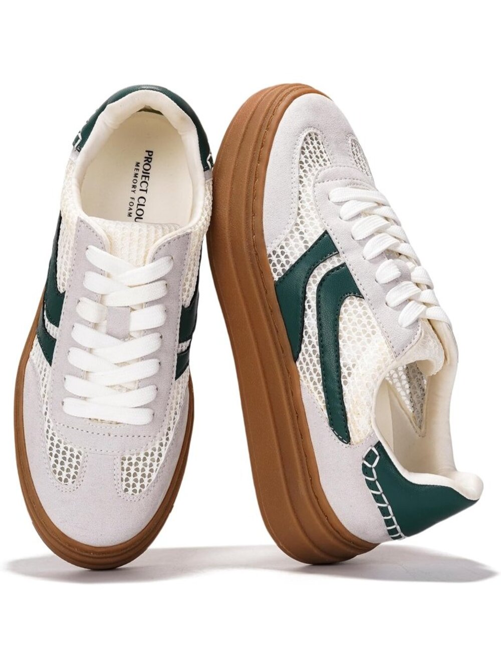 Women's White-green Stripe Lace-up Shoes Memory Insole Casual Platform Sneakers